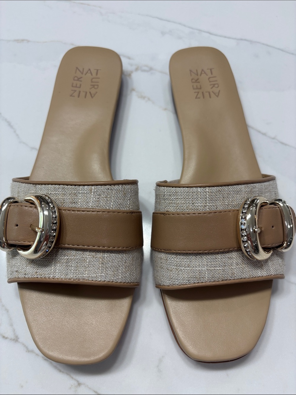 Naturalizer Tan Canvas Slide Sandals with Buckle